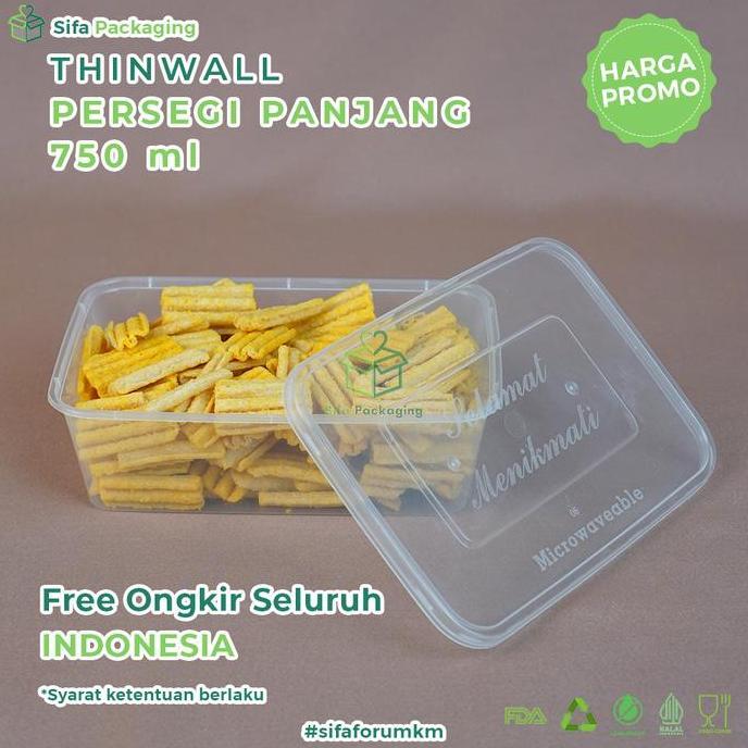Thinwall Persegi Panjang + Tutup 750ml Kotak Makanan Wadah Plastik Thinwall Rectangle Tempat Kue Sna
