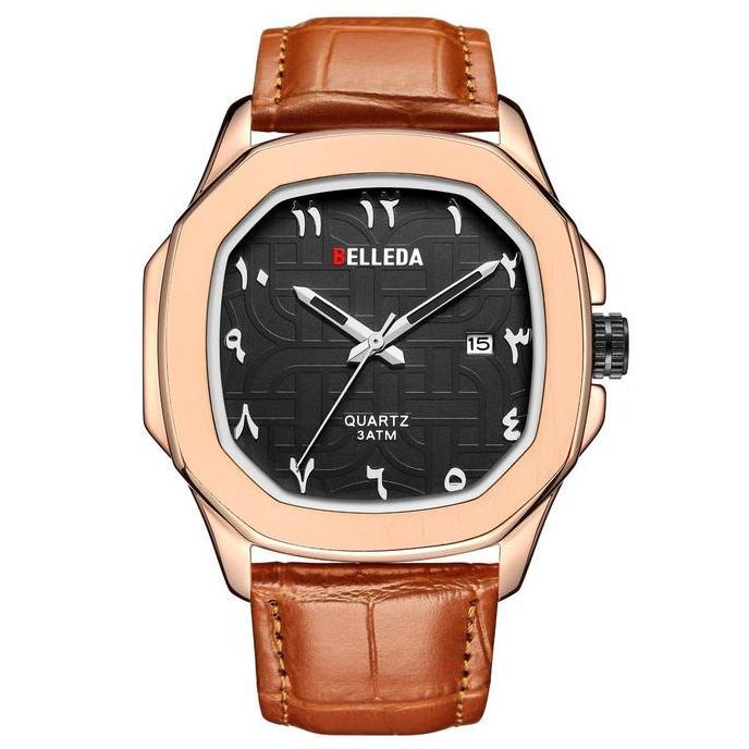 Bw- Diskon Jam Tangan Belleda 9484-2 Analog Strap Leather Arbick Namber Anti Air