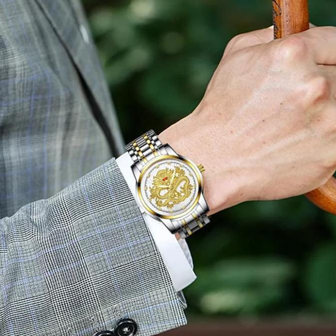 Vintage- Sunlifex Jam Tangan Pria Stainless Steel Quartz Dragon Gold