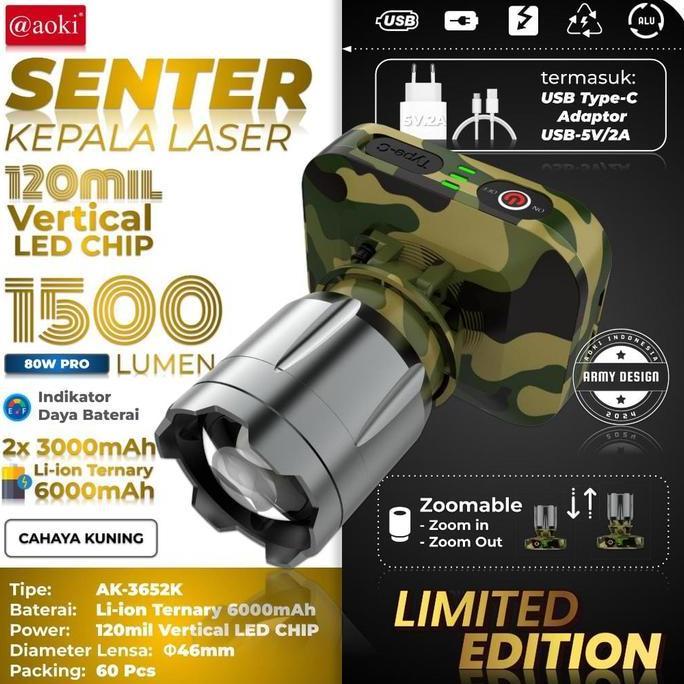 Light- Senter Kepala Led Laser Aoki Ak-3695A 80Tt 1300 Lumen Dengan Baterai 6000Mah -Zoom Jarak Jauh