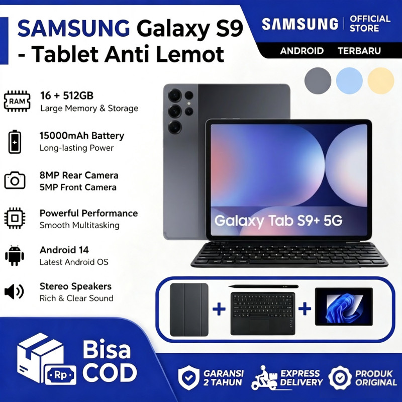 Samsung Galaxy Tab S9 Tablet | Layar Besar AMOLED 11” | Snapdragon | Keyboard + S Pen | 15000mAh Bat
