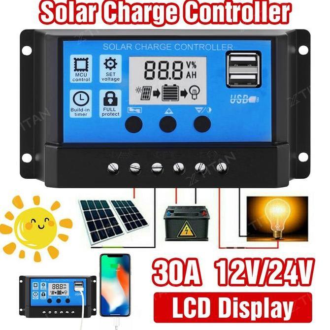 Solar Charge Controller LCD LED Display Solar Cell PWM 10A 20A 30A USB Panel Tenaga LCD Kecerdasan A