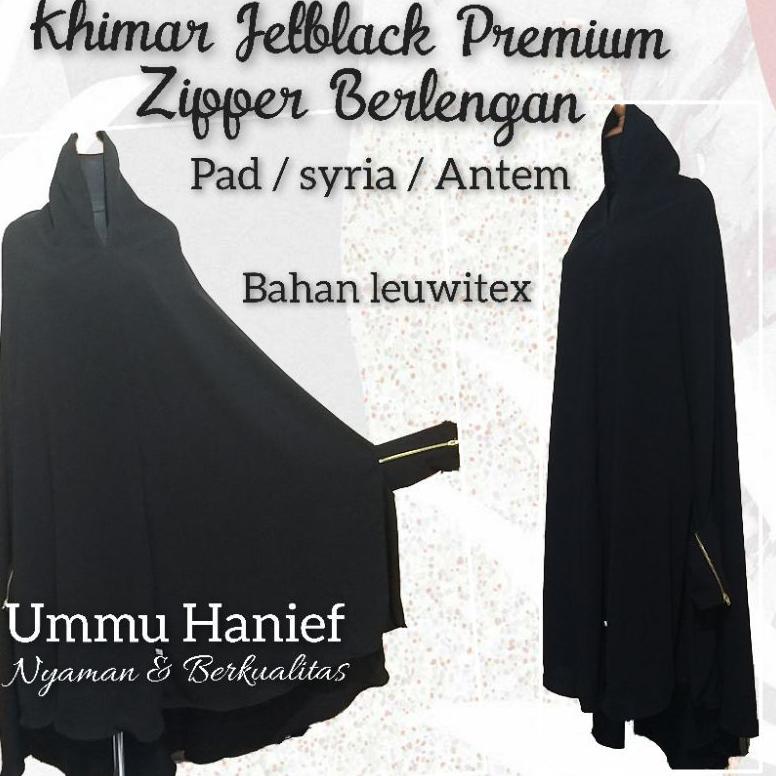 Khimar Syar'I Jetblack  Zipper Berlengan Bahan Jetblack Leuwitex