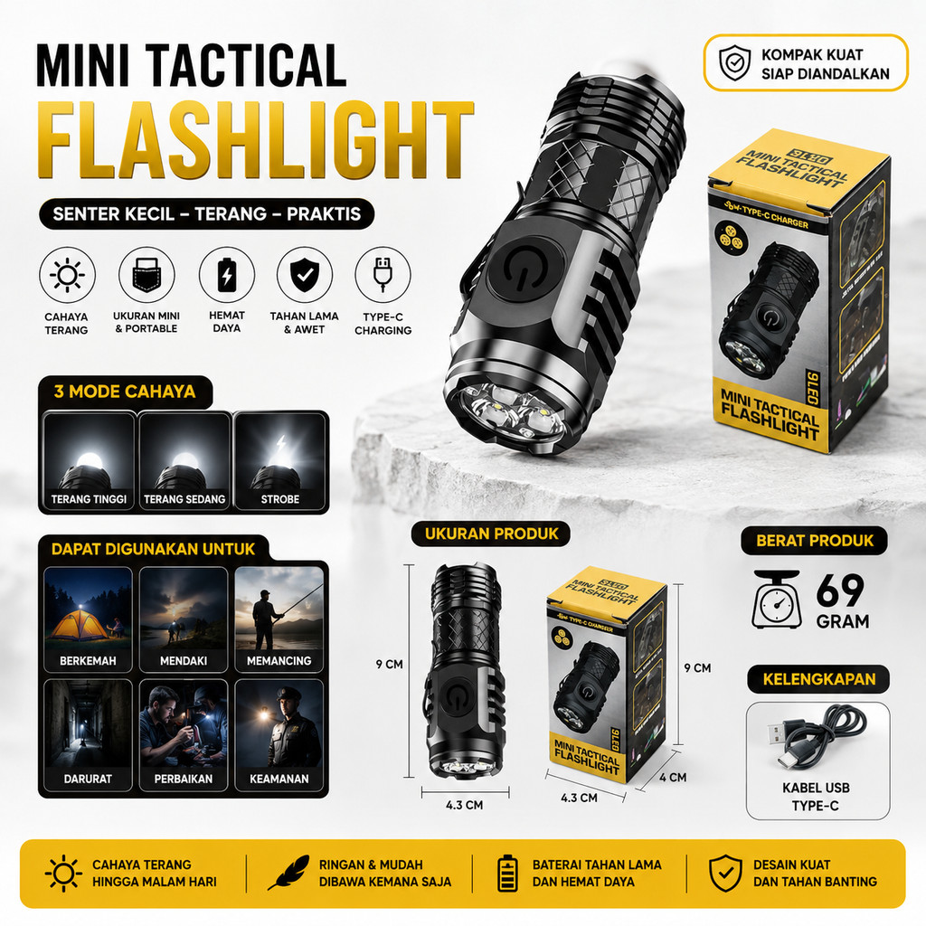 Senter LED Super Terang Senter LED Super Terang Jarak Jauh Center Mini Rechargeable | 3 Jenis Sumber