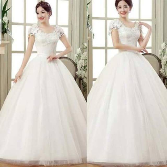 GAUN PERNIKAHAN BROCADE BAHU SIMPLE / WEDDING GAUN PUTIH BALLGOWN / GAUN WEDDING BUNGA