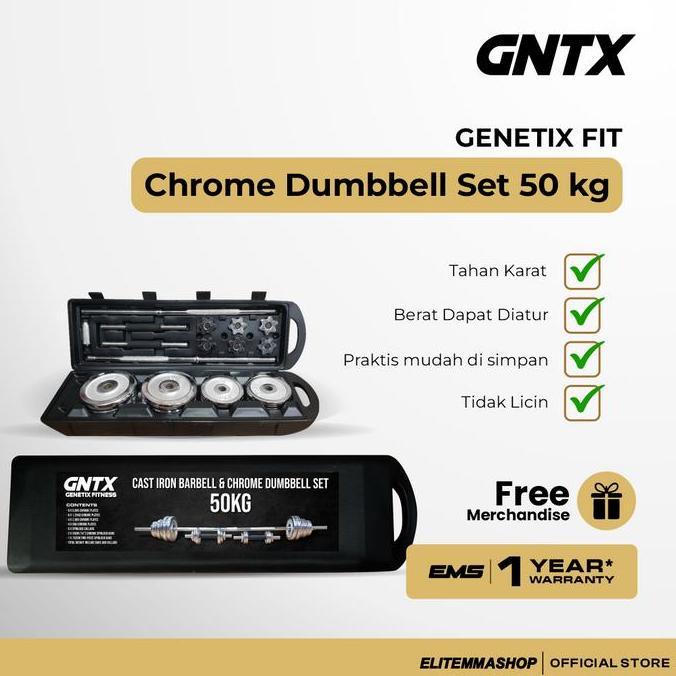 GENETIX FIT Chrome Dumbbell Set 50KG Alat Fitness Barbell Dumbbell, Dumbbell Set, Barbell Set, Dumbb