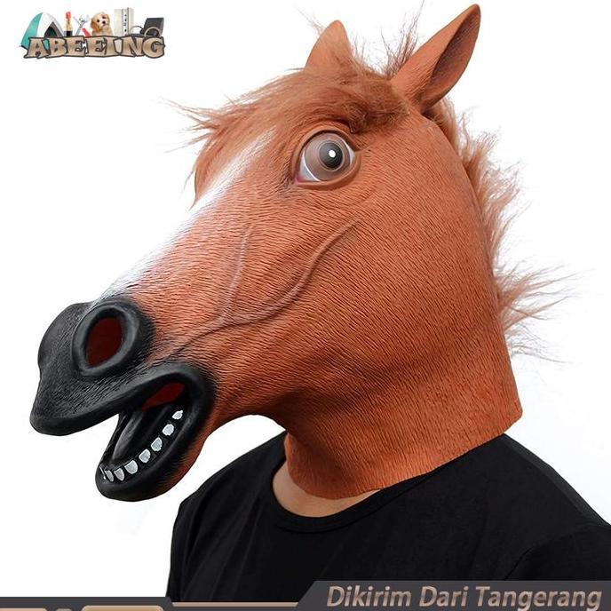 Topeng Kuda Latex Mask Hood Horse Mask-Cokelat