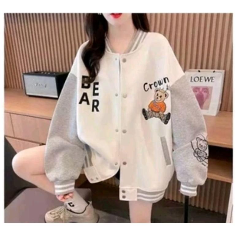 Terbaru Crown Bear Jaket Baseball Varsity Wanita | Jaket Varsity Gaya Korea