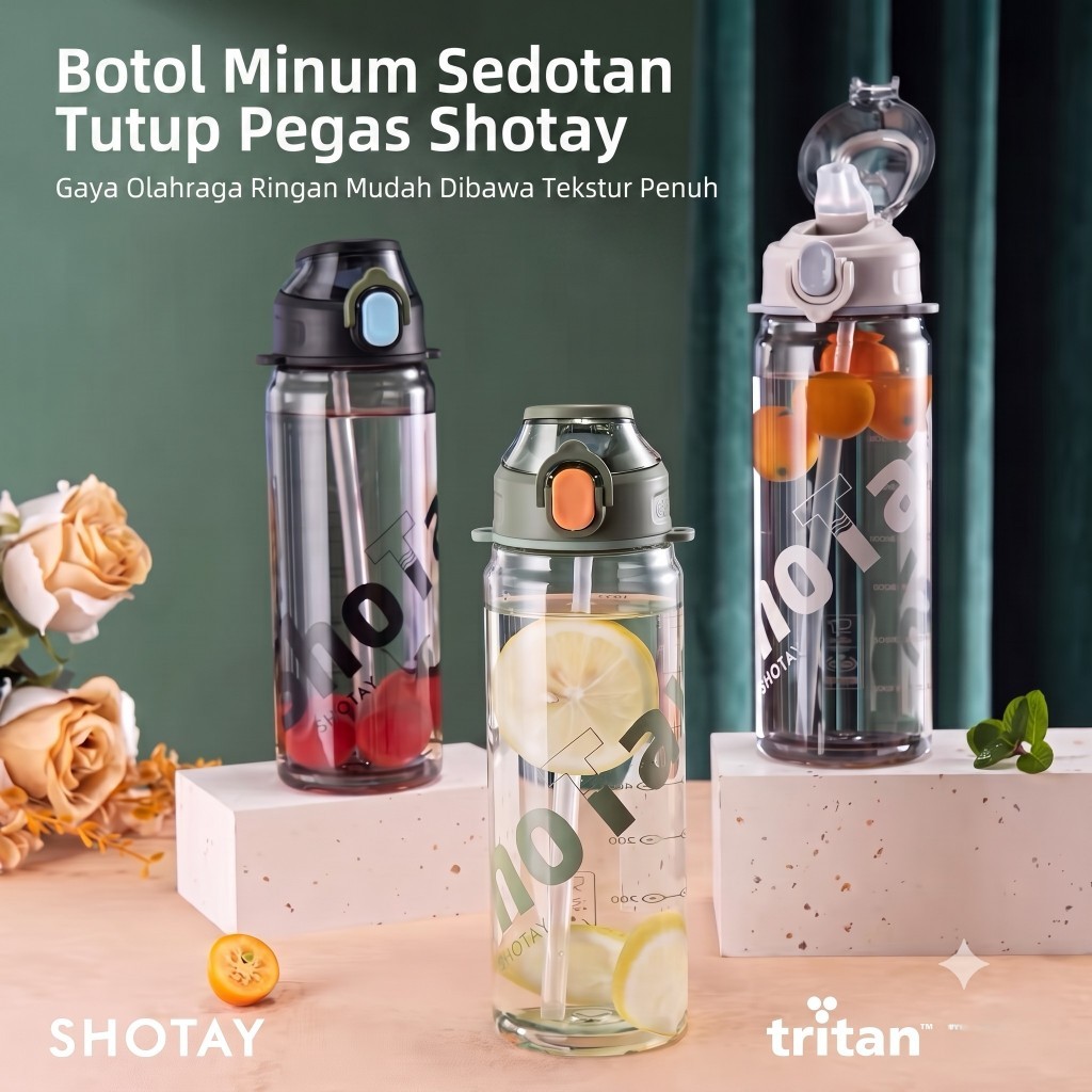 SHOTAY Botol Minum Olahraga Sedotan Tritan 900ml BPA Free Anti Bocor Tumbler Sport Aesthetic