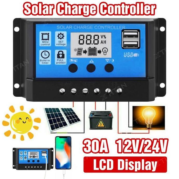 Solar Charge Controller LCD LED Display Solar Cell PWM 10A 20A 30A USB Panel Tenaga LCD Kecerdasan A