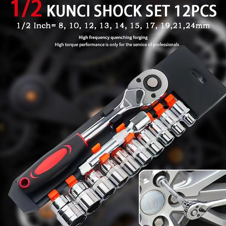 Kunci Set Socket 1/2Inci / 12Pcs Kunci Socket Motor Lengkap / Multifungsi Kunci 1 Set / Bahan Chrome