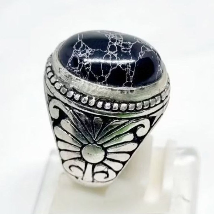 Cincin Batu Akik Pirus Mesir Hitam Urat Perak 18 mm Ring Alpaka Super