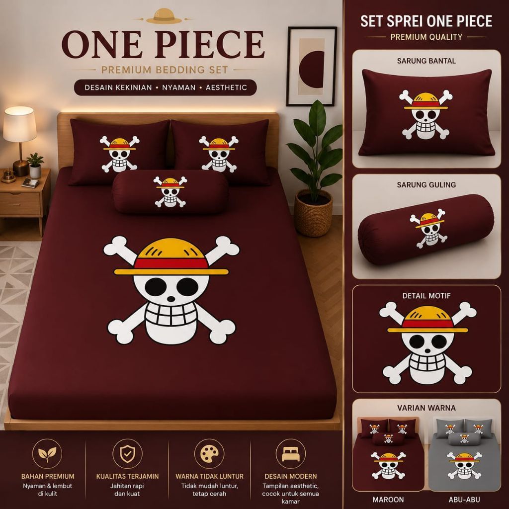 satu set sprei sarung bantal sarung guling anime one piece varian ukuran dan warna