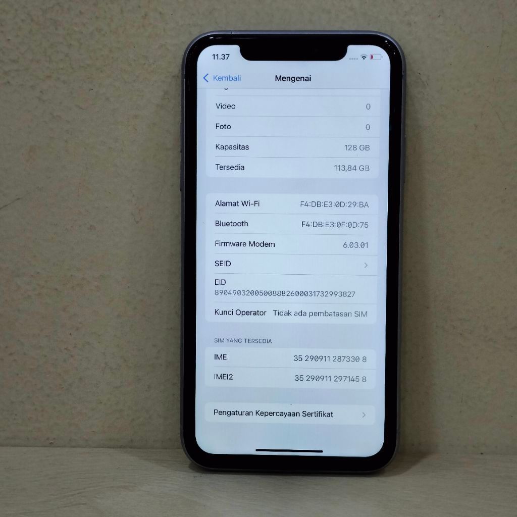 (N72T-280) IPHONE 11 RAM 128GB (INTER) LL/A, BATANGAN NO CHARGER "873308"
