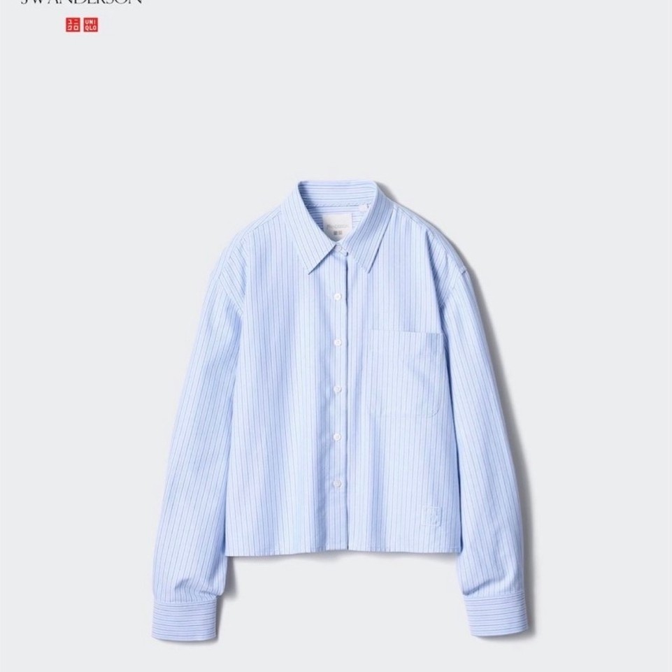 Kemeja Pria Uniqlo x JW Anderson Biru Muda Garis Putih Lengan Panjang Kasual