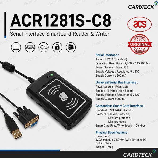 zinamahari - acs acr1281s-c8 rfid smart card reader writer 13.56mhz rs232 contactless nfc reader ekt