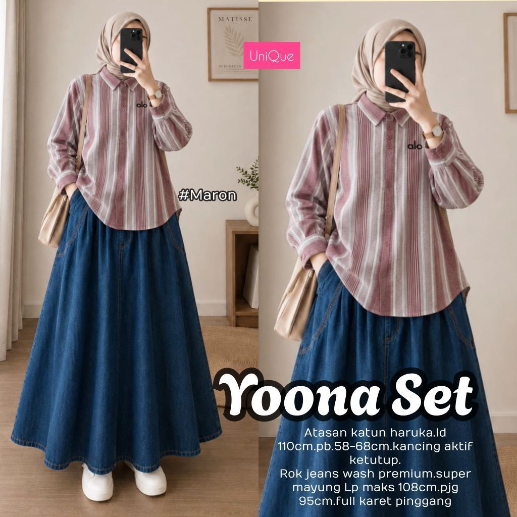 Unique -Set Yoona Kemeja Salur + Rok Jeans Wash LD110 LP108 Busui