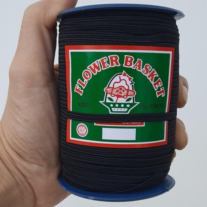 1 roll Karet Elastis 4 mm / Tali Karet Masker 4mm isi 90 yard hitam flower basket