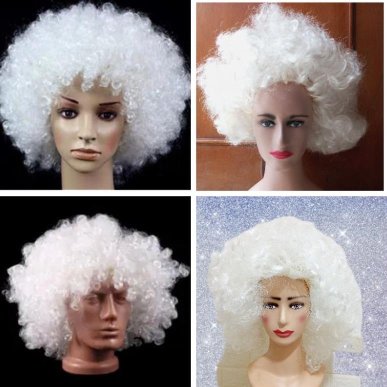 Wig kribo putih wanita pria - Wig kribo putih gelombang keriting besar