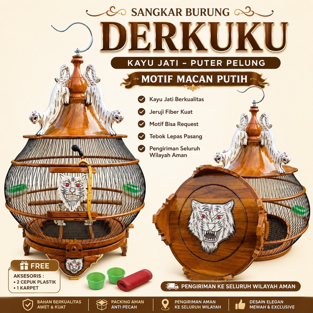 Sangkar Burung Derkuku Kayu Jati Puter Pelung Motif Macan Putih Jeruji Fiber Custom Tebok Lepas Pasa