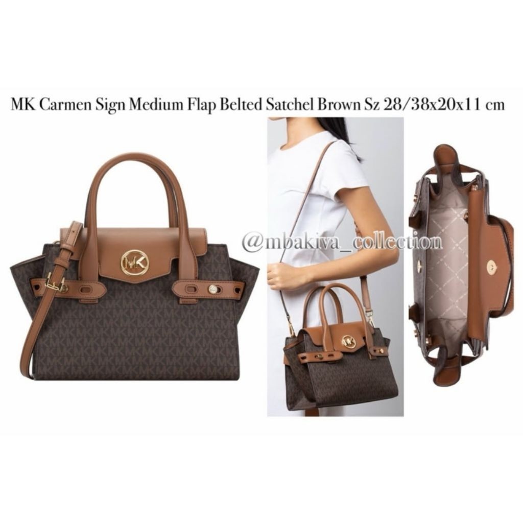 MK Carmen Sign Medium Flap Belted Satchel Brown