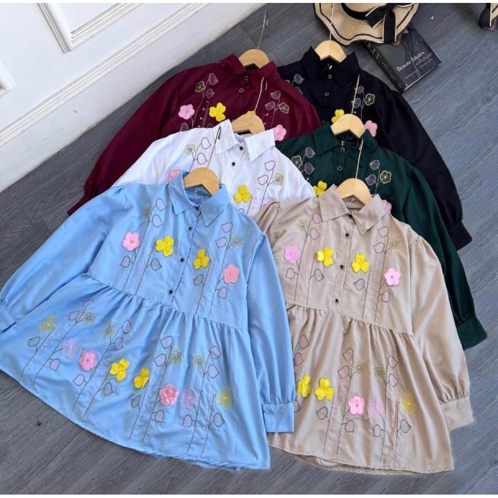 Vania Blouse wanita lengan panjang motif bunga bordir model peplum kancing depan