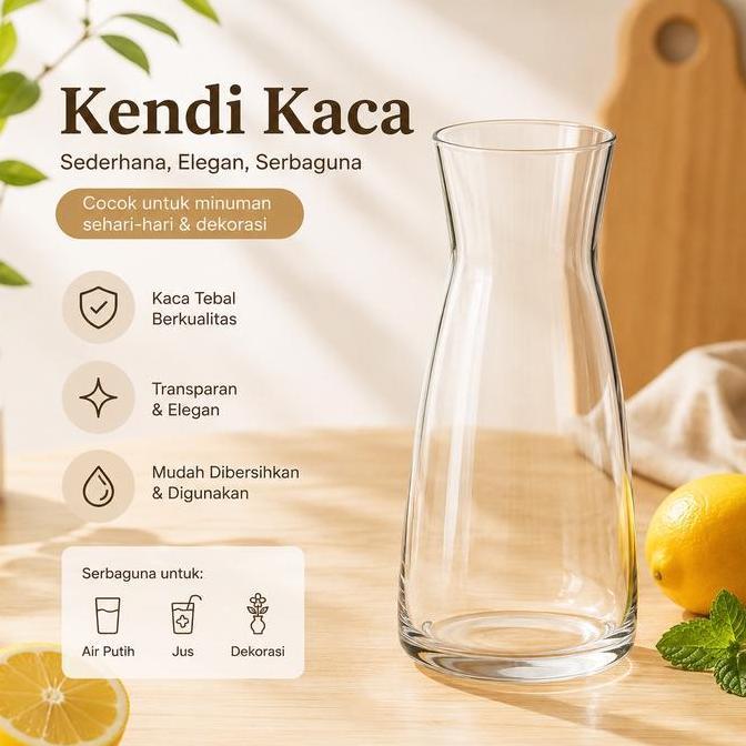 Oneware- Kendi Kaca 1 Liter Minuman Vas Bunga Transparan Bening Tinggi 20 Cm Diameter 10.5 Cm Aman M