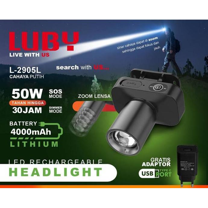 Valve- Senter Kepala Led Zoom Super Terang Headlamp Luby L-905 50W