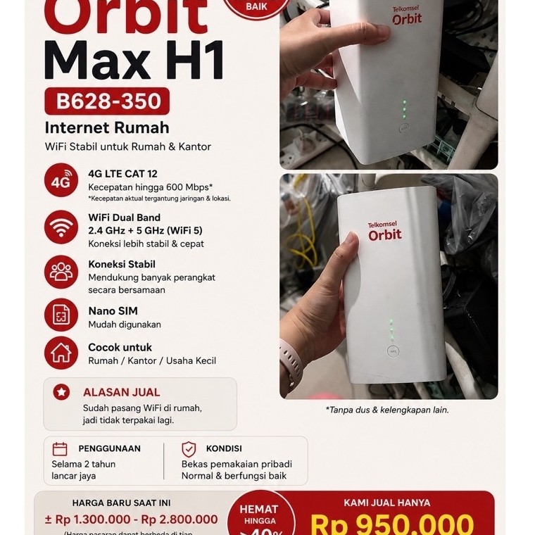 TELKOMSEL ORBIT MAX H1 B628-350 BEKAS – NORMAL & LANCAR | Rp950RB