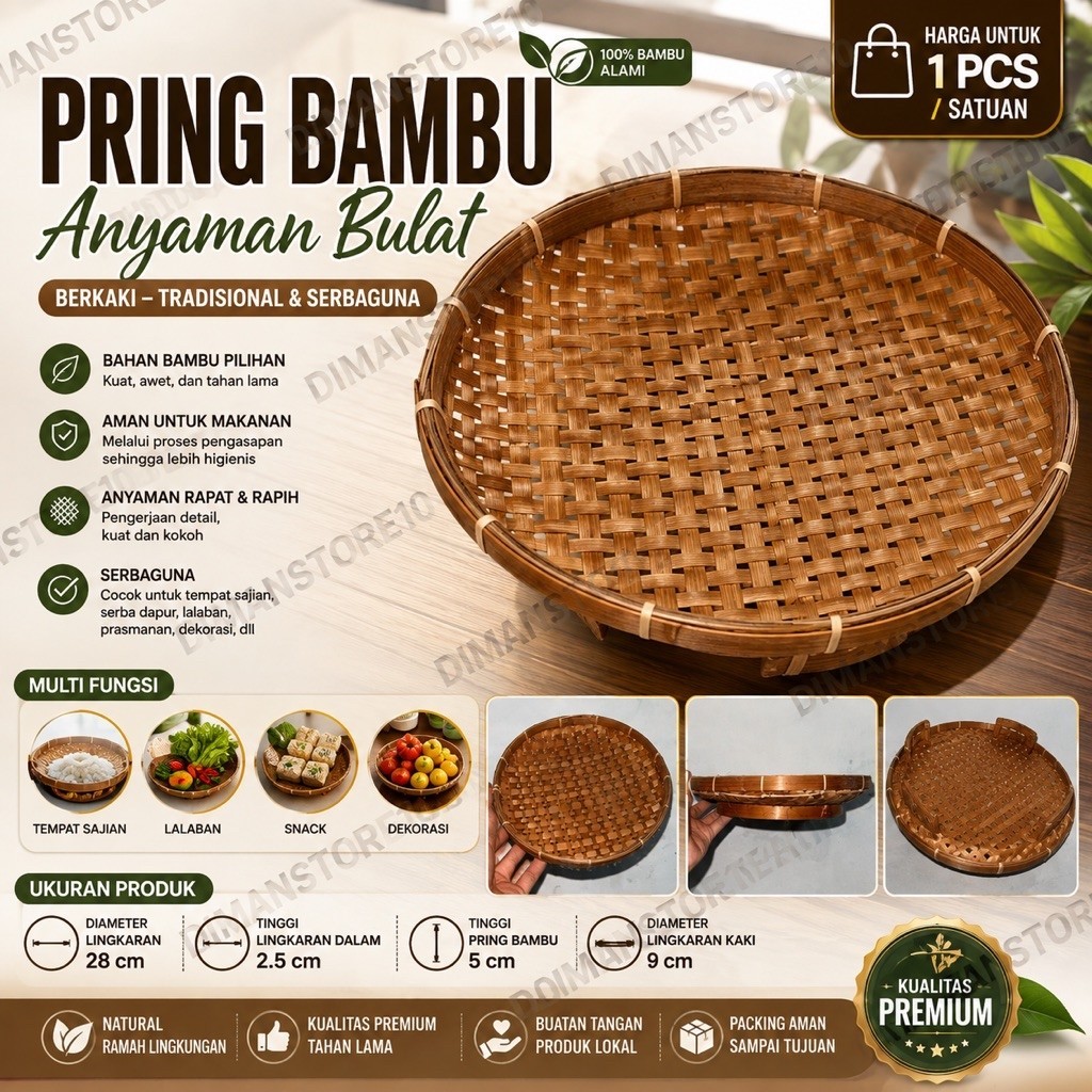 Pring Bambu Anyaman Bulat 28cm Berkaki | Piring Bambu | Tampah Sajian | Alas Makanan