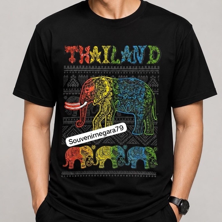 Kaos putih Thailand Sawasdee Thailand motif gajah hasil buatan di Thailand