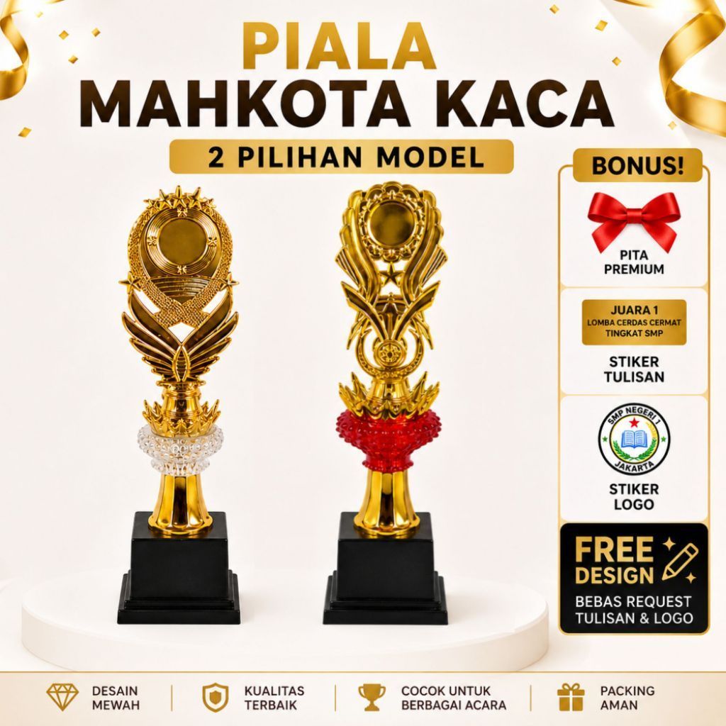 Piala Mahkota Kaca Trophy Juara Piala Penghargaan Lomba custom + Bonus Pita & Stiker
