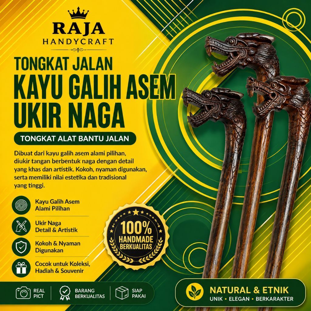 RAJA HANDYCRAFT | Tongkat jalan kayu galih asem ukir naga tongkat alat bantu jalan tongkat jalan uki