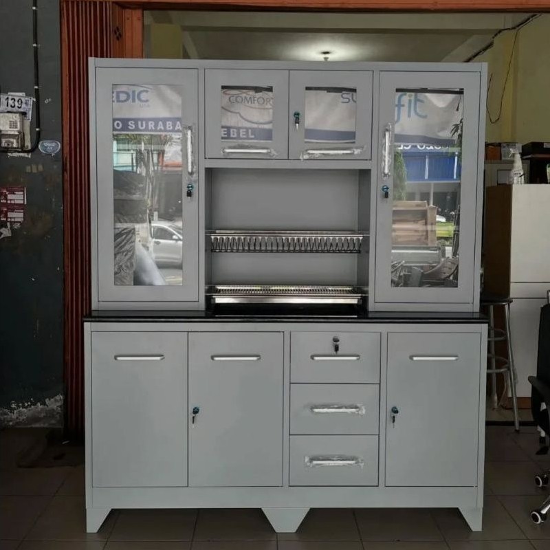 Rak piring aluminium full | meja dapur aluminium | lemari sayur abu abu | rak piring kaca 4 pintu

