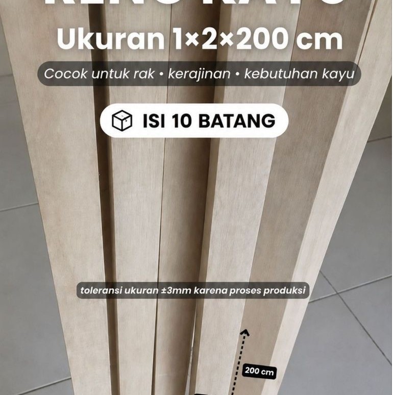 Lis Kayu Reng 1x2x200 cm panjang 2 meter - Bilah Kayu Solid untuk Kerajinan Rak Hias DIY