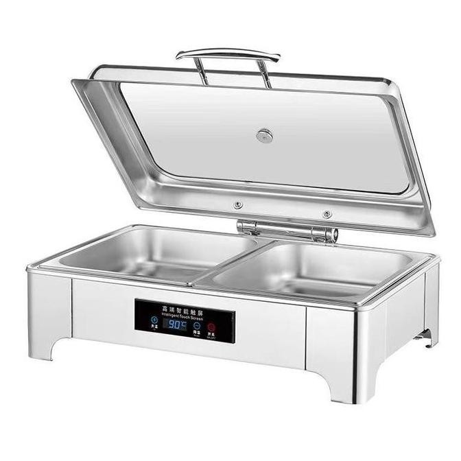 Rolltop Segi Kaca Elektrik Tempat Prasmanan Stainless Wadah Makanan Prasmanan Roll Top Prasmanan