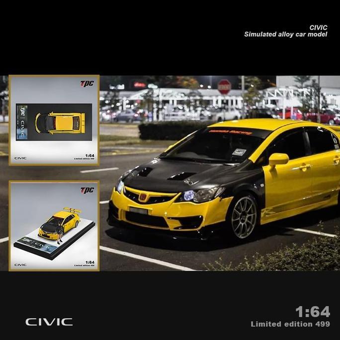 TPC 1/64 - Honda Civic FD2 Yellow Carbon Hood - Diecast Mobil Mainan Miniatur