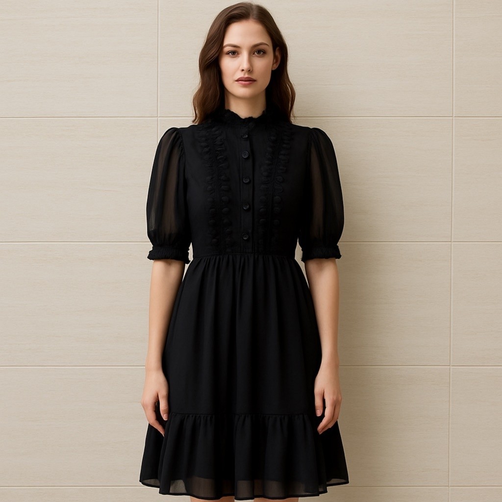 ⁠[PRELOVED] Mini Dress Hitam Wanita Lengan Short Puff Sleeve Ruffle Vintage Gothic Korean Style