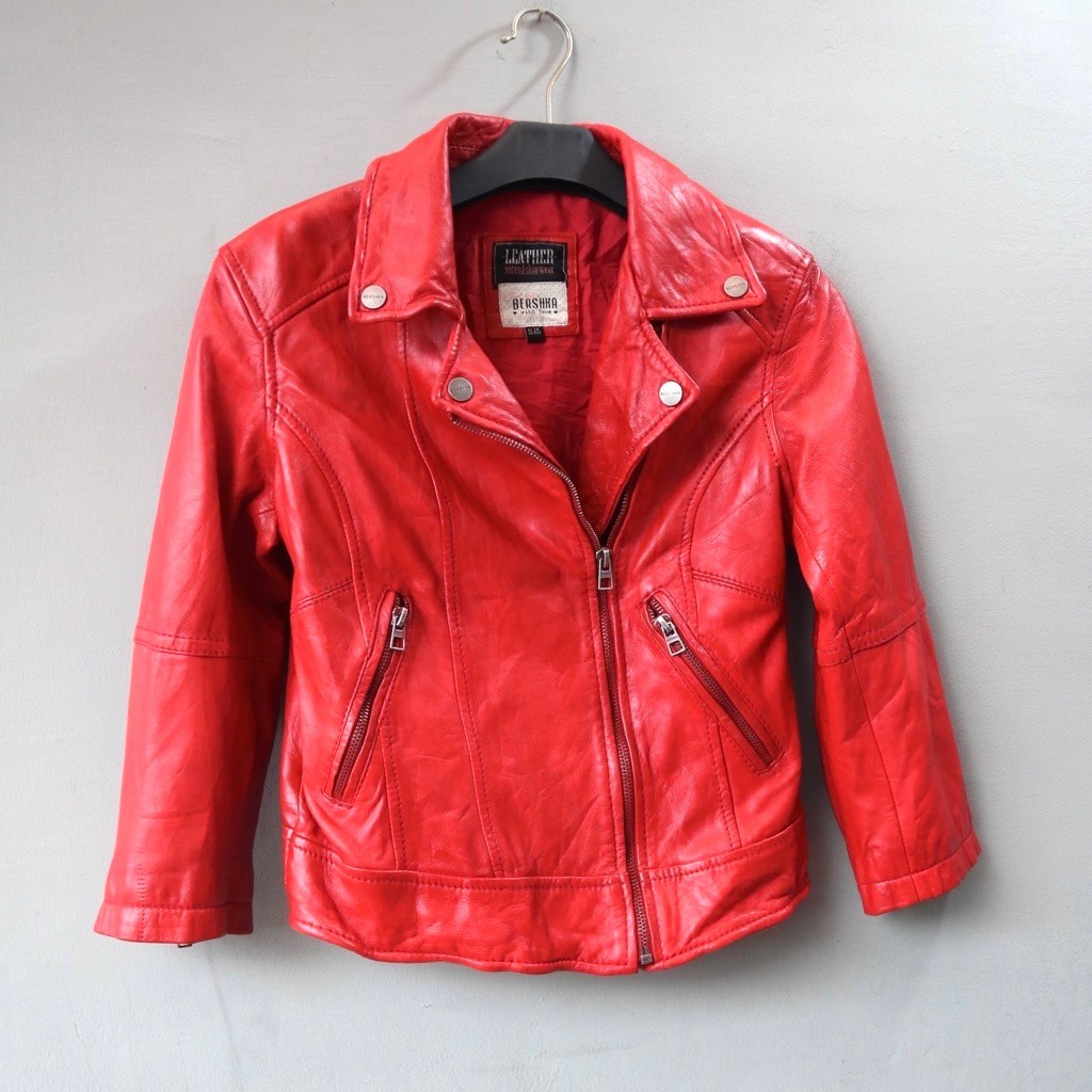 Bershka kulit domba jaket kulit asli merah ramones biker rider cropped cewek motoran crop wanita cas