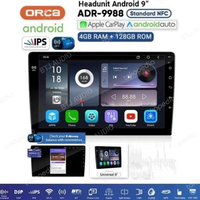 HEAD UNIT TAPE MOBIL DOUBLE DIN ORCA ANDROID ADR-1088 UKURAN 10 INCH