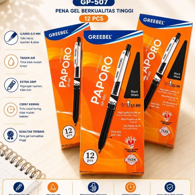 Greebel PaporO GP-507 Pena Gel 0.5mm Hitam Isi 12 Pcs – Gel Pen Berkualitas