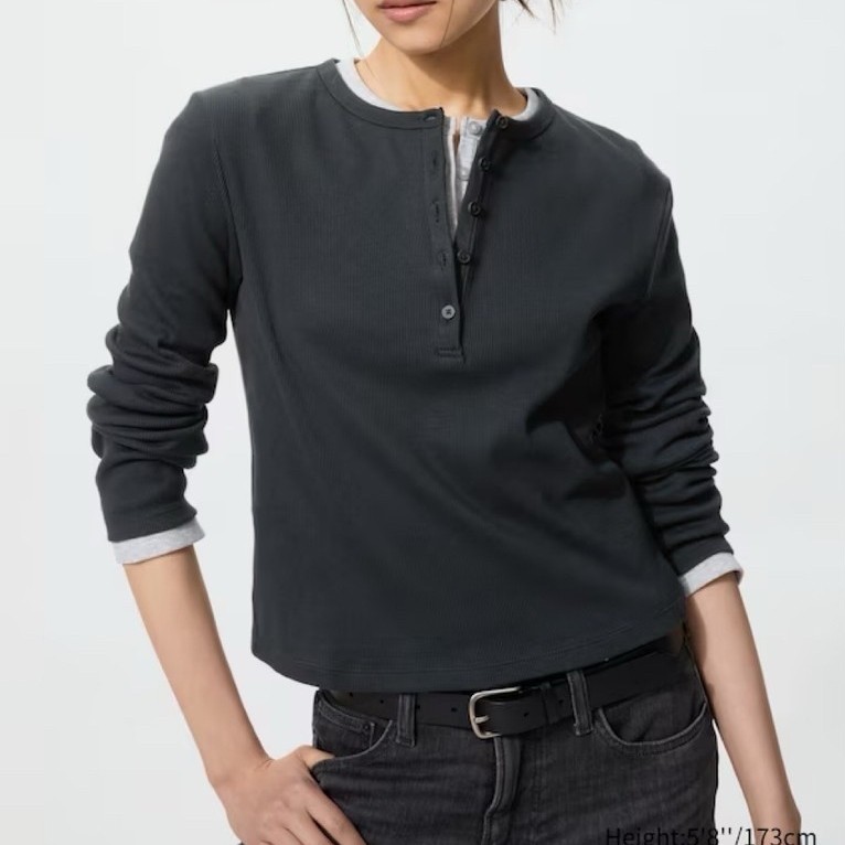 Uniqlo Henley Charcoal Black Knit Women Long Sleeve Ribbed Cotton S