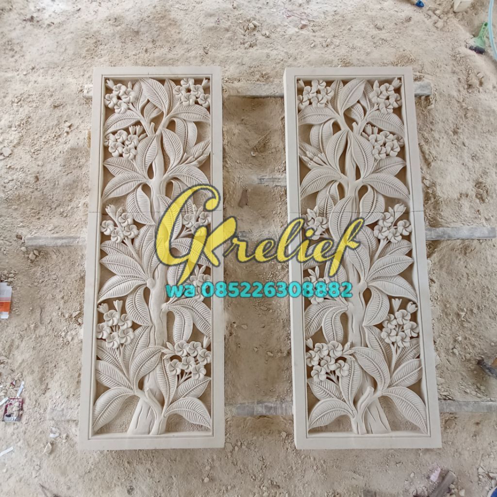 relief batu alam design bunga kamboja