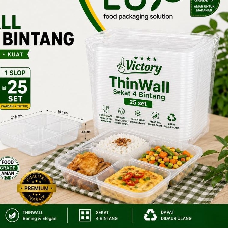 (1Slop/25set) Thinwall Bento Sekat 4 Bintang/Thinwall Sekat 4/Kotak Makan Plastik Sekat 4/Thinwall s