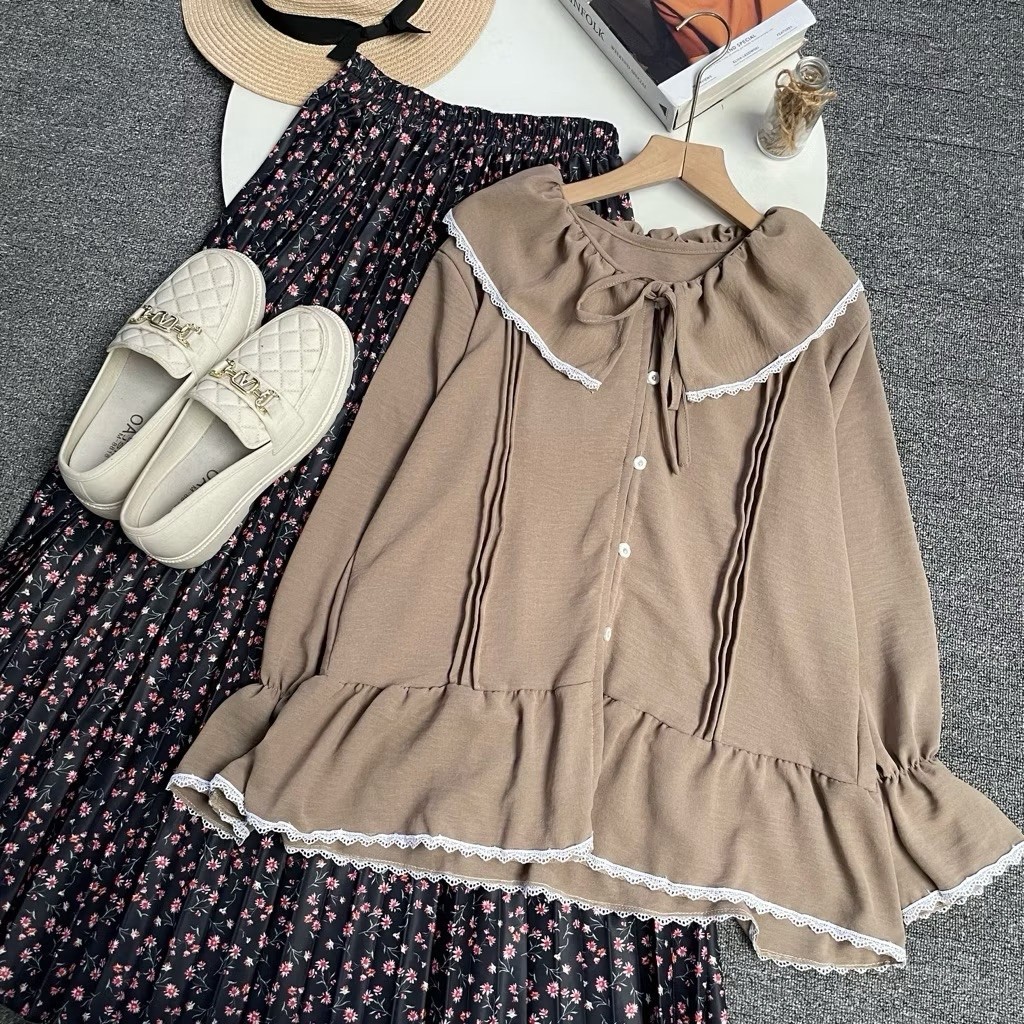 One Set Korean Style 12 - Atasan Wanita Blouse Ruffle Lengan Panjang Rok Plisket Flare Bunga Cantik