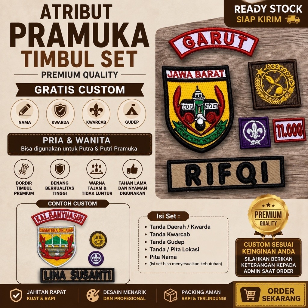 Atribut Pramuka Lengkap/Atribut Pramuka Custom/Perlengkapan Atribut Pramuka Kwarda Kwarcab No Gudep
