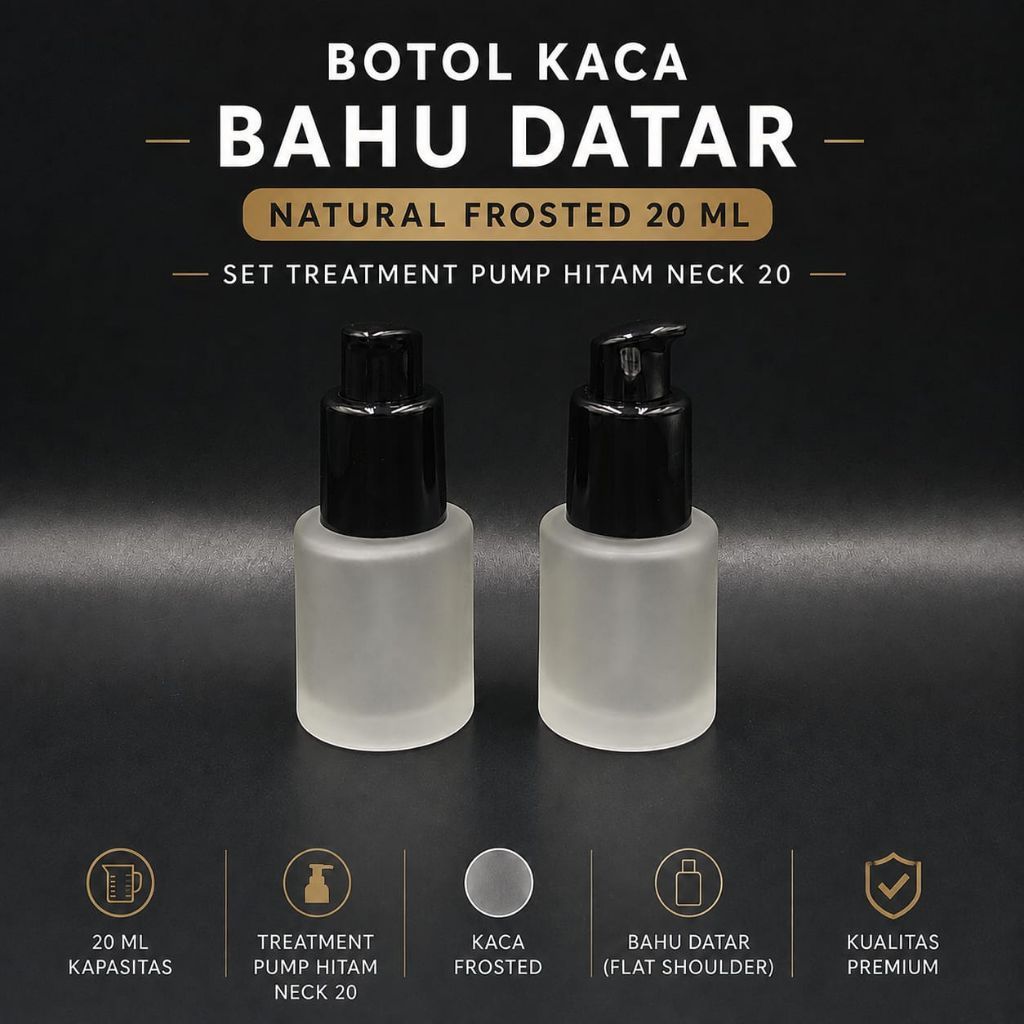 Botol Kaca 20ml Frosted Bahu datar Set Pump black / Botol Pump 20ml / Botol Kaca 20ml tutup Pump