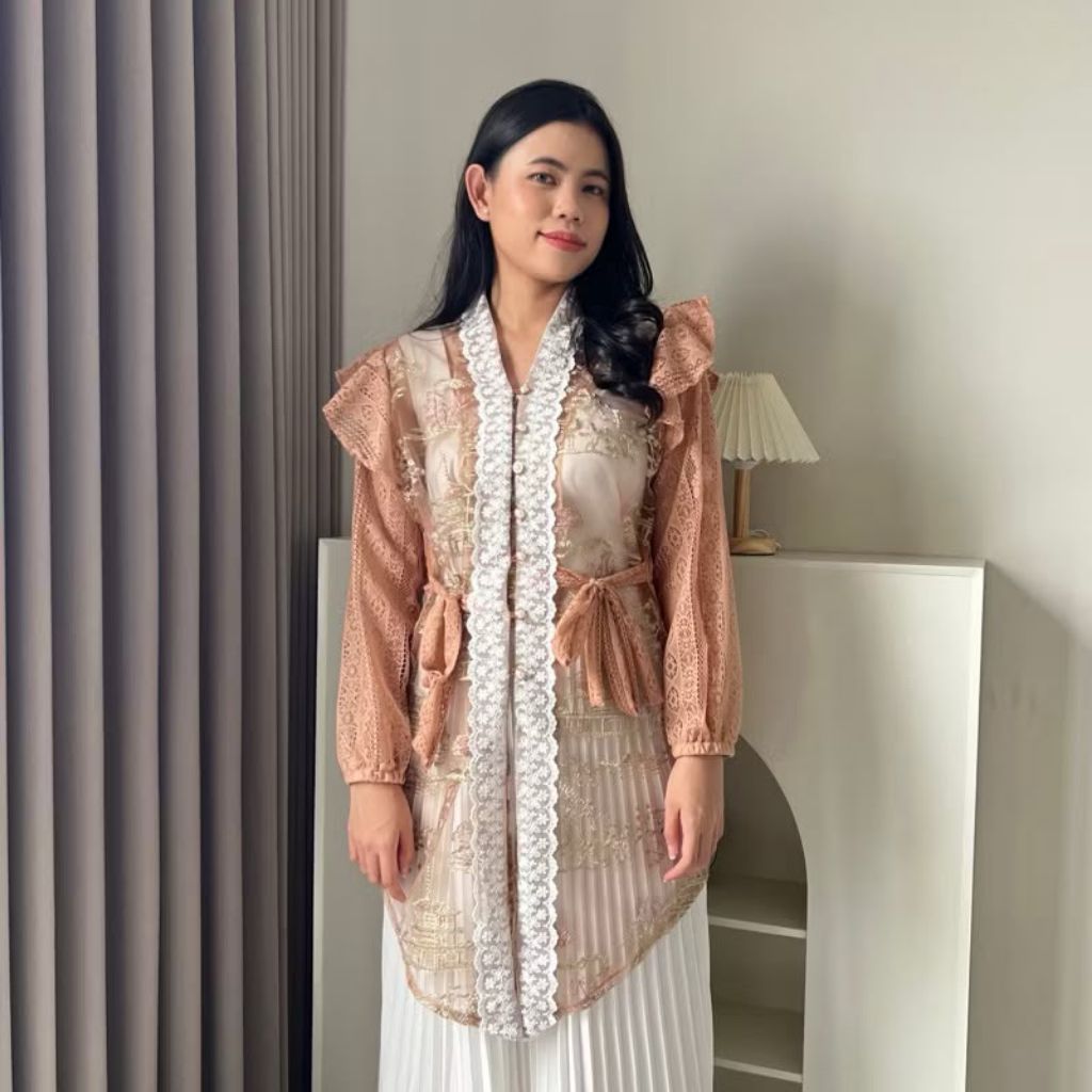 Kebaya Outer Malika Mocca UK S- Outer Tile Renda - Atasan Kondangan - Kebaya Tile Renda - Kebaya Kon