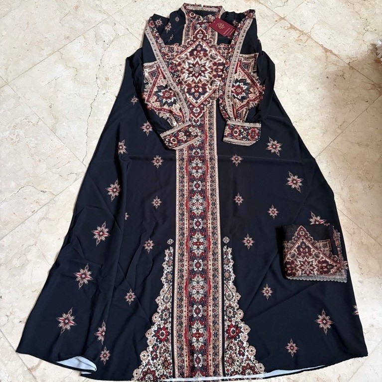 gamis dress muslimah wanita dawat dawai hitam motif include hijab segi 4 NEW