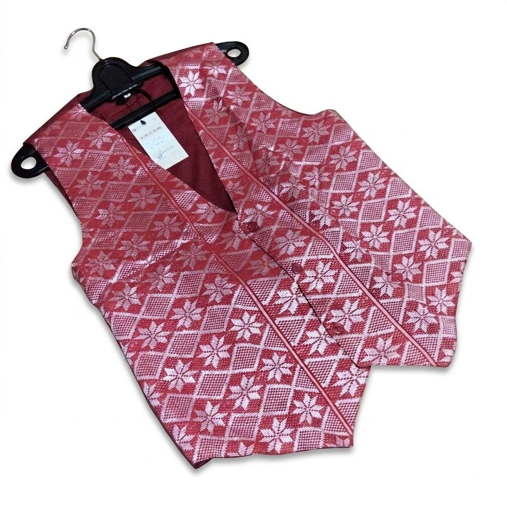 Rompi Vest Outer Atasan Motif Bunga Sadum Merah Silver Untuk Pria dan Wanita Unisex